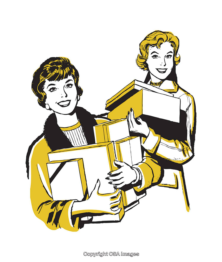 Retro Style Illustration of Women Shopping With Gift Boxes