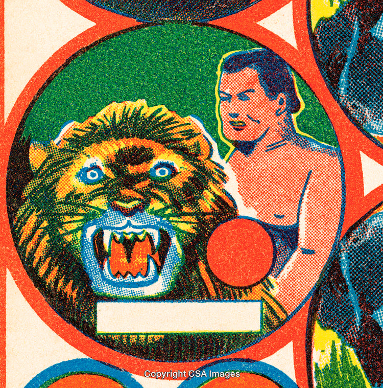 Colorful Vintage Illustration of a Roaring Lion and a Man in 3D Style