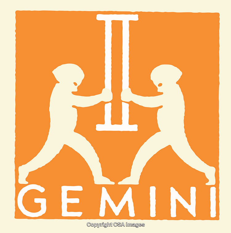 Gemini Zodiac Sign Illustration Featuring Symbolic Twins and Zodiac Symbol