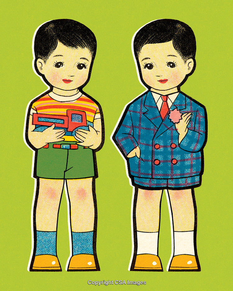 Vintage Illustration of Two Children with Toys on Vibrant Background
