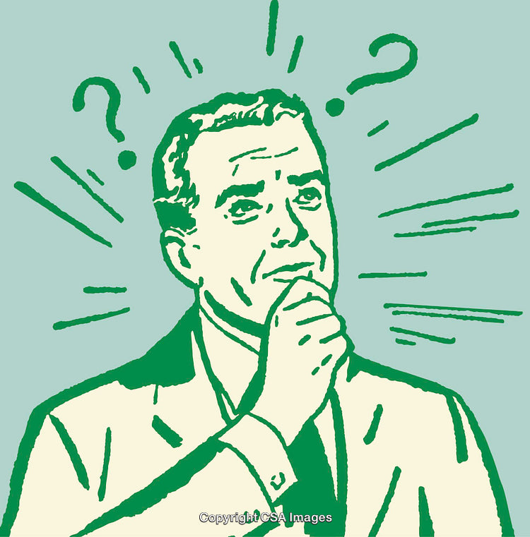 Retro Illustration of a Pensive Man Surrounded by Question Marks in Green Outline