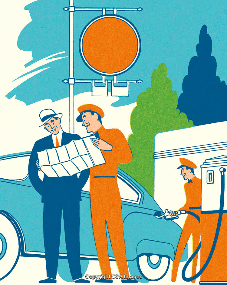 Retro Illustration of Automotive Service With Map and Gas Station