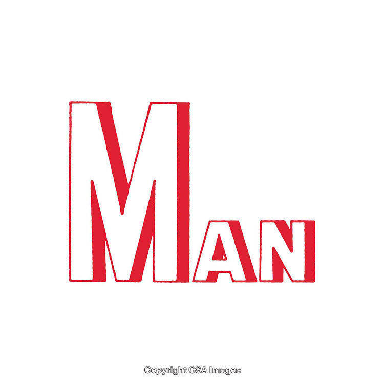 Bold Red Lettering Display of the Word Man on White Background