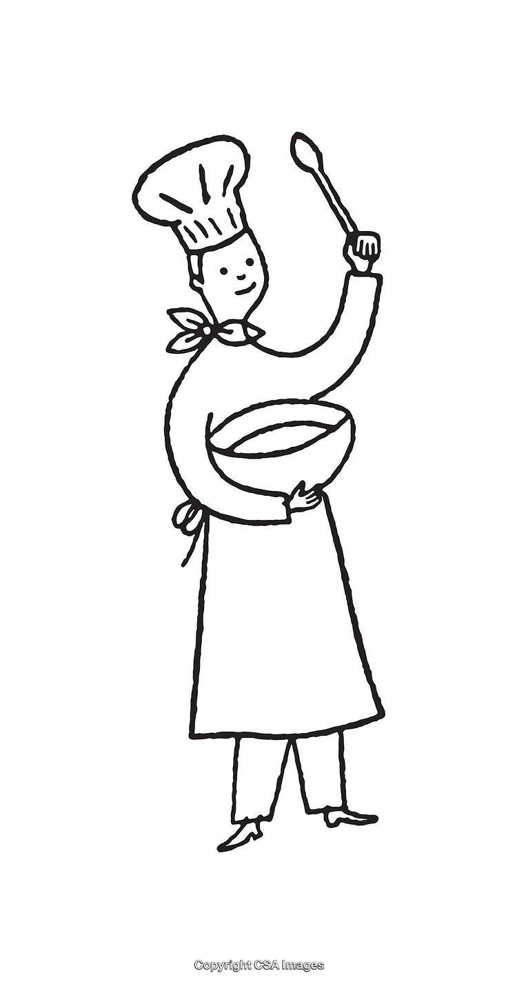 Black and White Line Art Illustration of a Happy Chef Holding Utensils