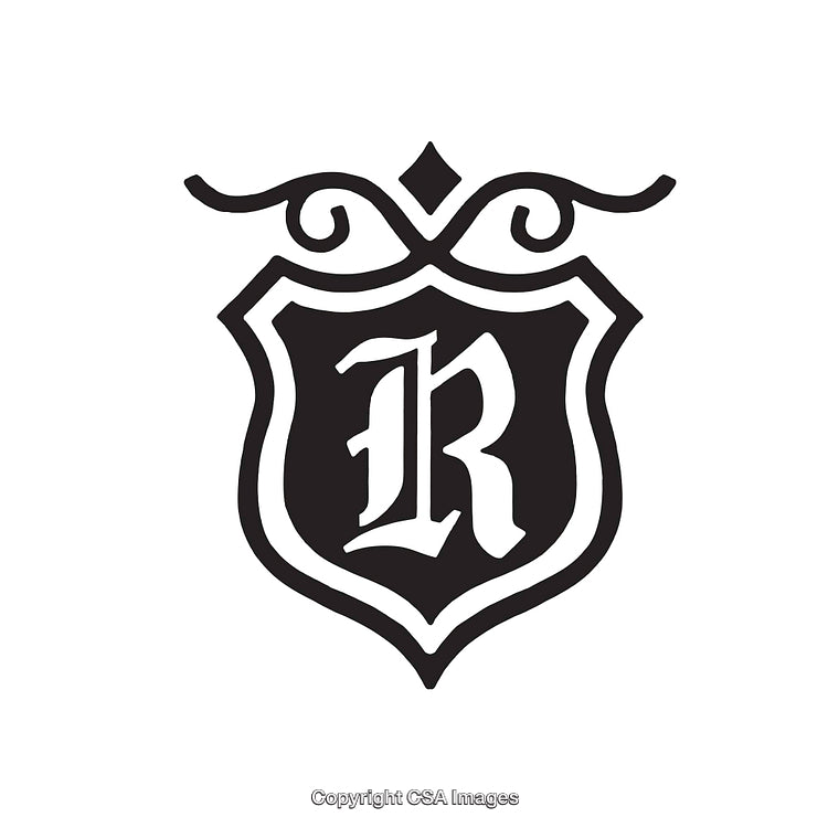 Elegant Black and White Heraldic Shield with Ornamental Letter R Design