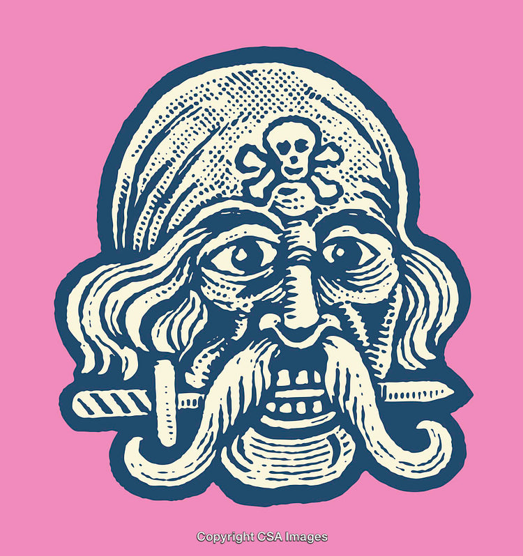 Detailed Line Art Illustration of a Pirate Face on a Pink Background