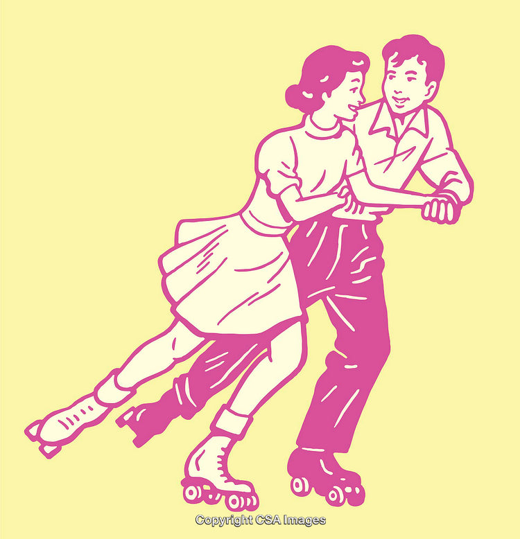 Vintage Illustration of Couple Roller Skating with Joyful Expressions