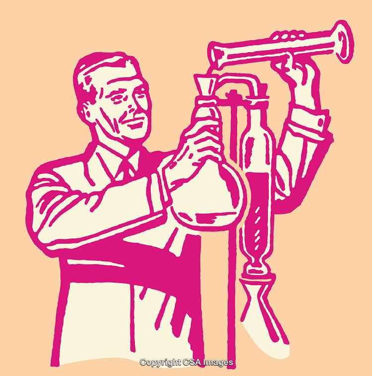 Retro Illustration of a Scientist Conducting Laboratory Experiments in Pink-Toned Line Art