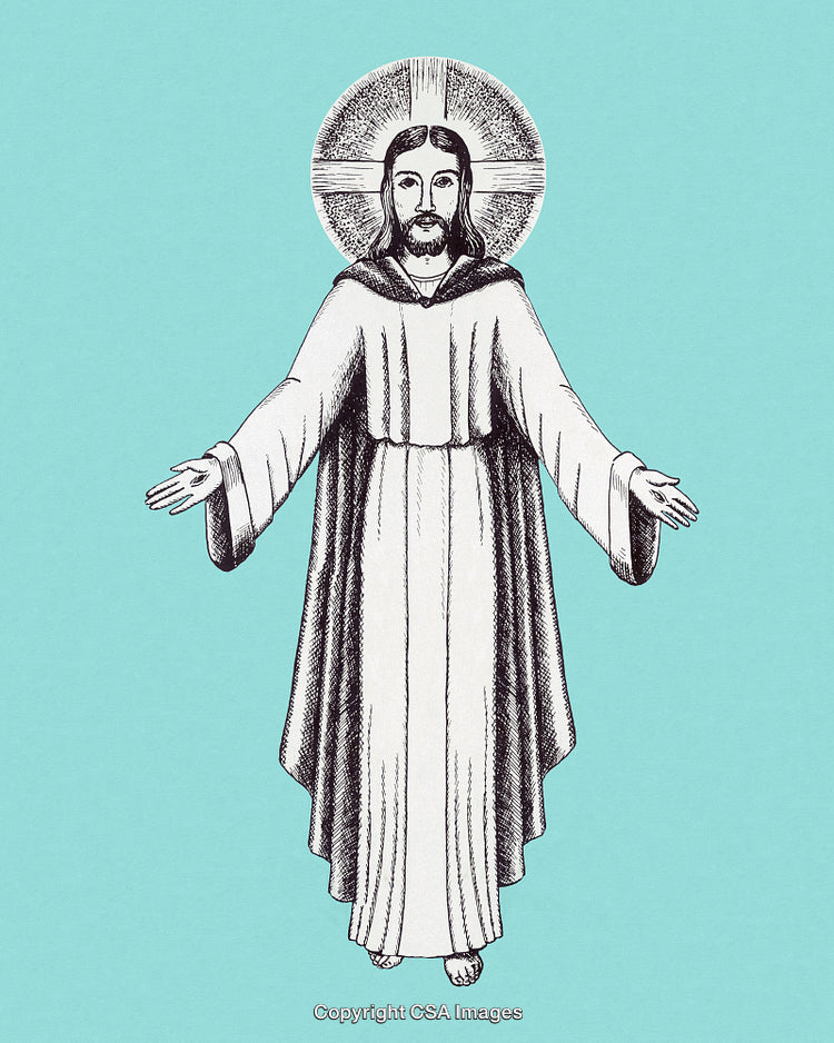 Hand-Drawn Illustration of a Religious Figure with Radiant Halo on Teal Background