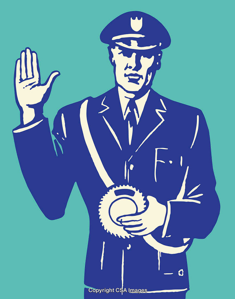 Illustrated Police Officer in Uniform with Oath Gesture and Badge