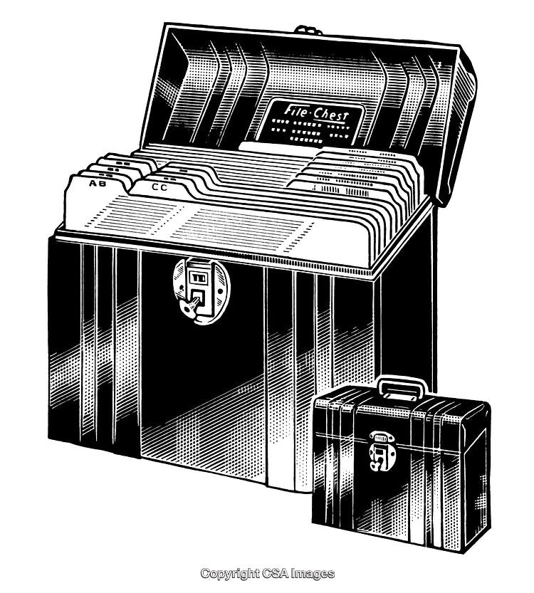 Illustrated Black and White Engraving of Filing Cabinet and Portable Case