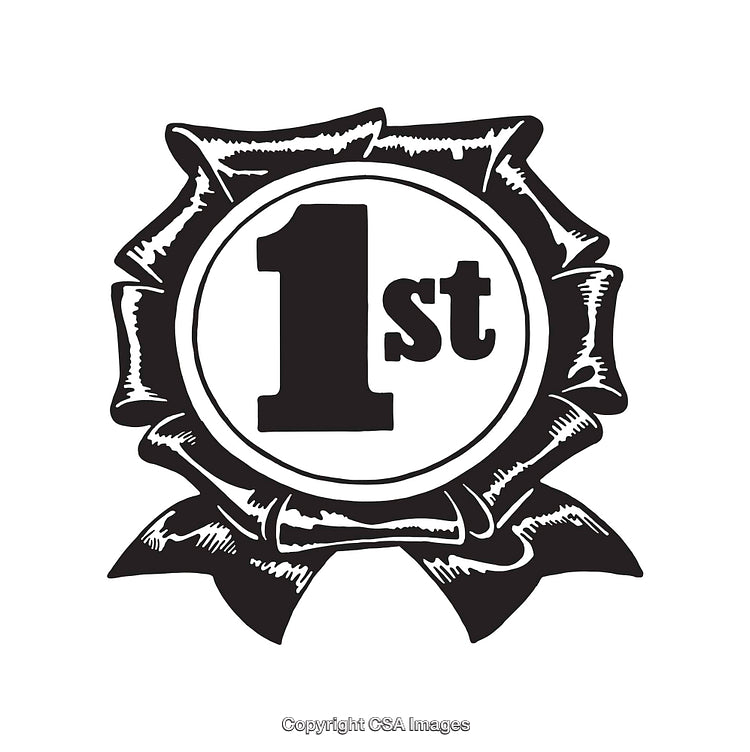 Black and White Line Art Illustration of a First Place Ribbon Design