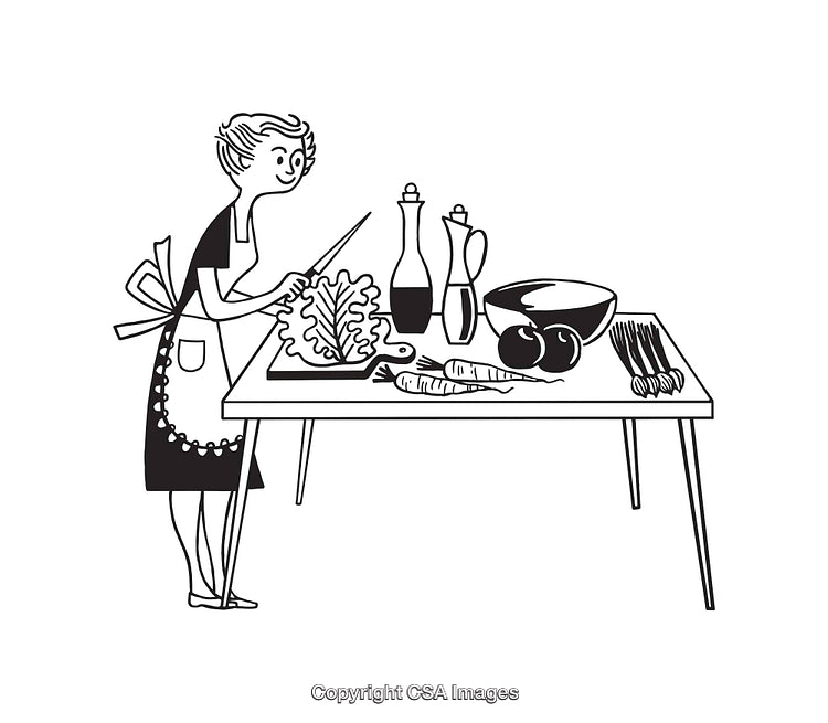 Retro Line Art of Woman Cooking in Kitchen