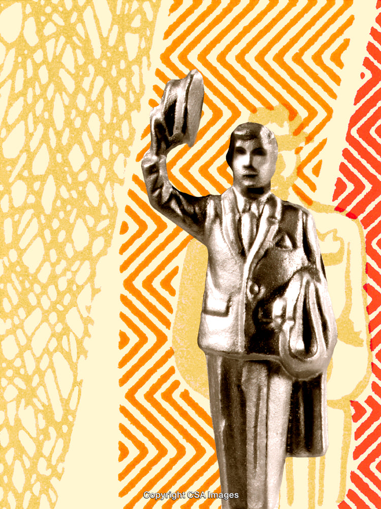 Stylized Composition with Vintage Figurine and Geometric Background Patterns