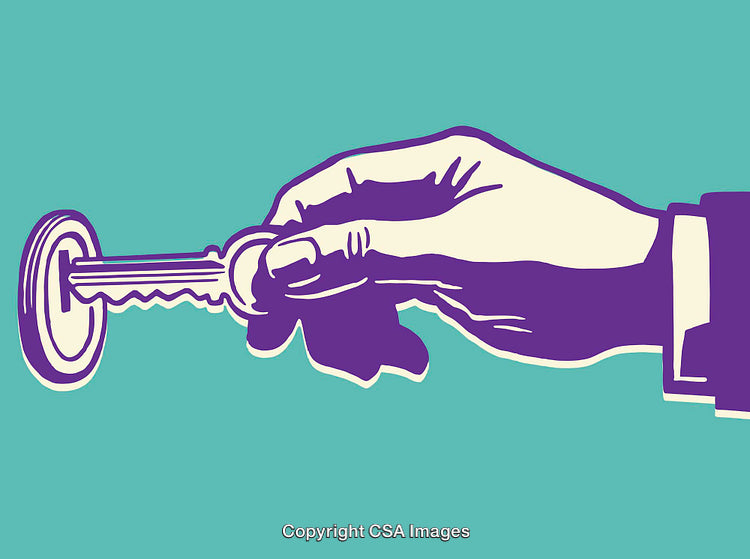 Stylized Illustration of a Hand Turning a Key in a Lock