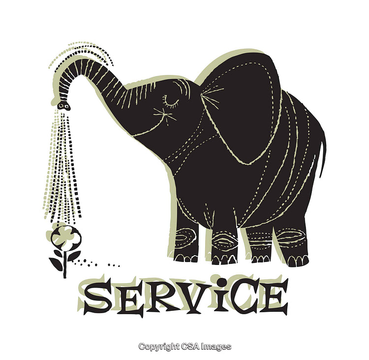 Whimsical Elephant Illustration Featuring Service Concept and Flower Interaction