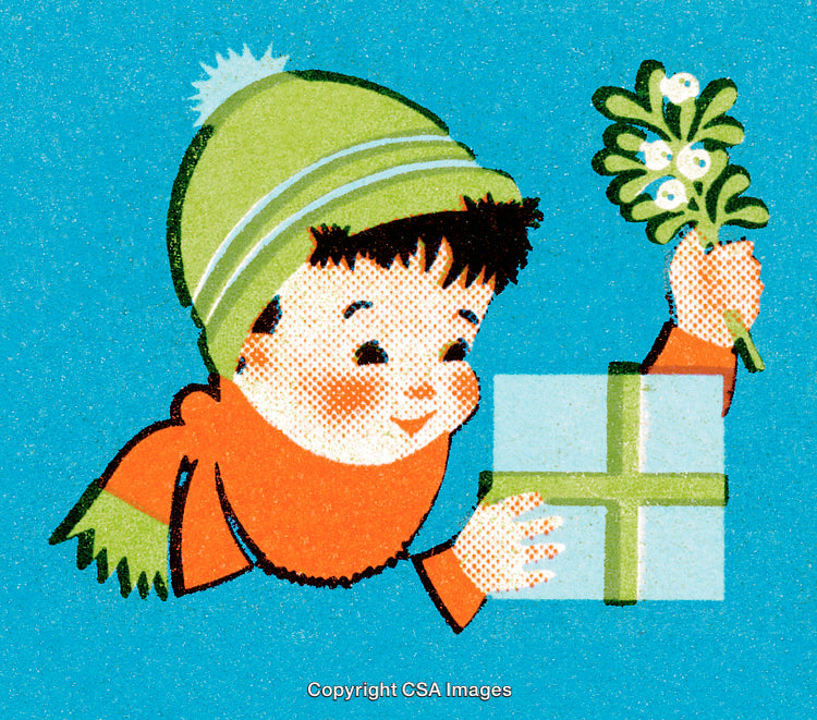 Child Holding Holiday Gift Box and Mistletoe with a Cheerful Expression