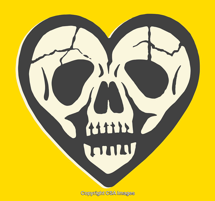 Heart-Shaped Skull Over Bright Yellow Background in Bold Graphic Style