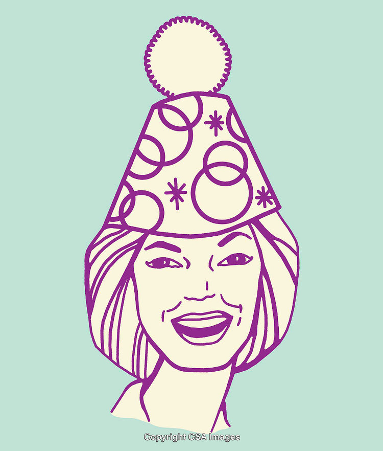Illustration of Smiling Woman in Party Hat with Decorative Pattern