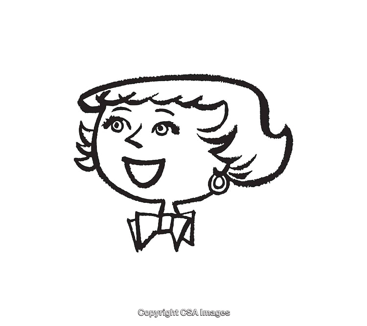 Cheerful Black and White Line Art Illustration of a Smiling Woman
