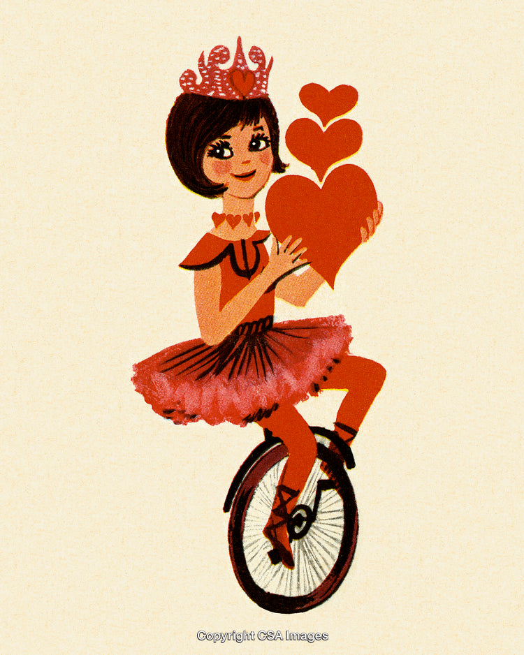 Artistic Illustration of a Girl with Hearts Balancing on a Unicycle