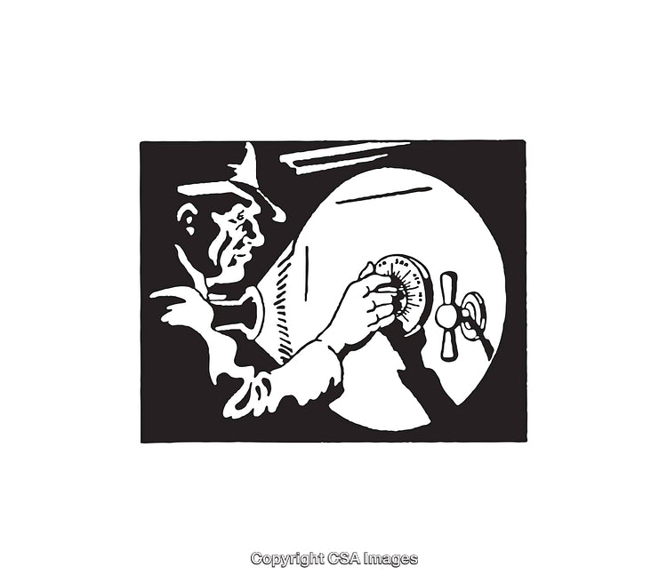 Black and White Illustration of a Burglar Unlocking a Safe