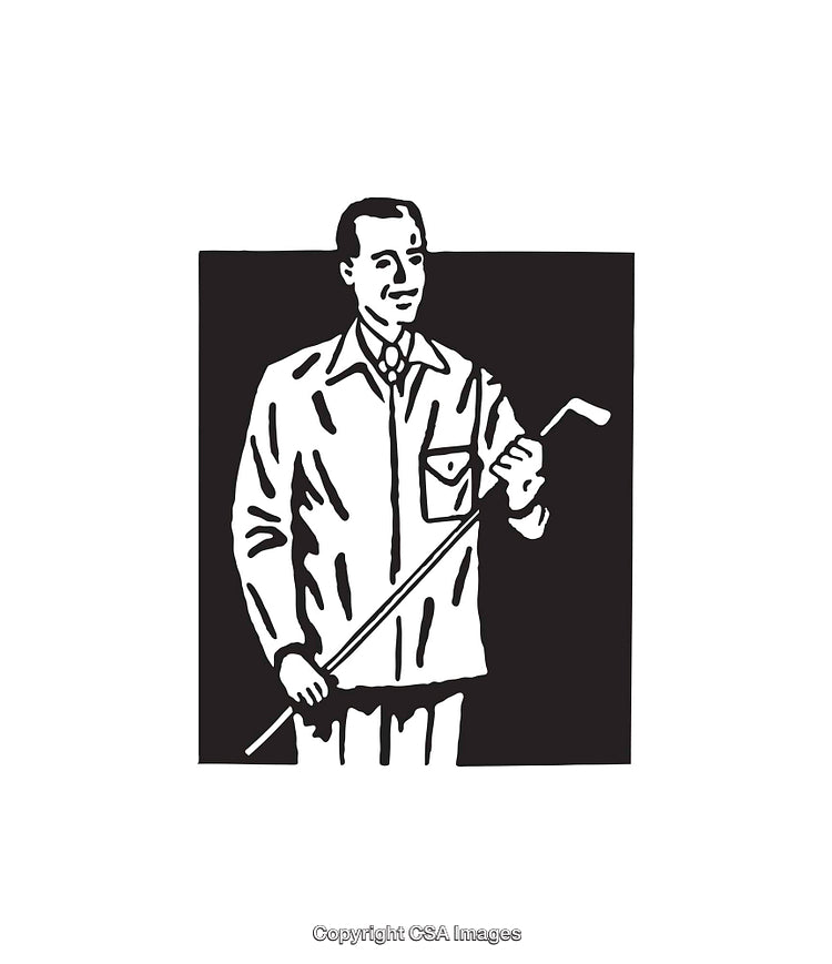 Black and White Line Drawing of a Businessman Holding a Golf Club