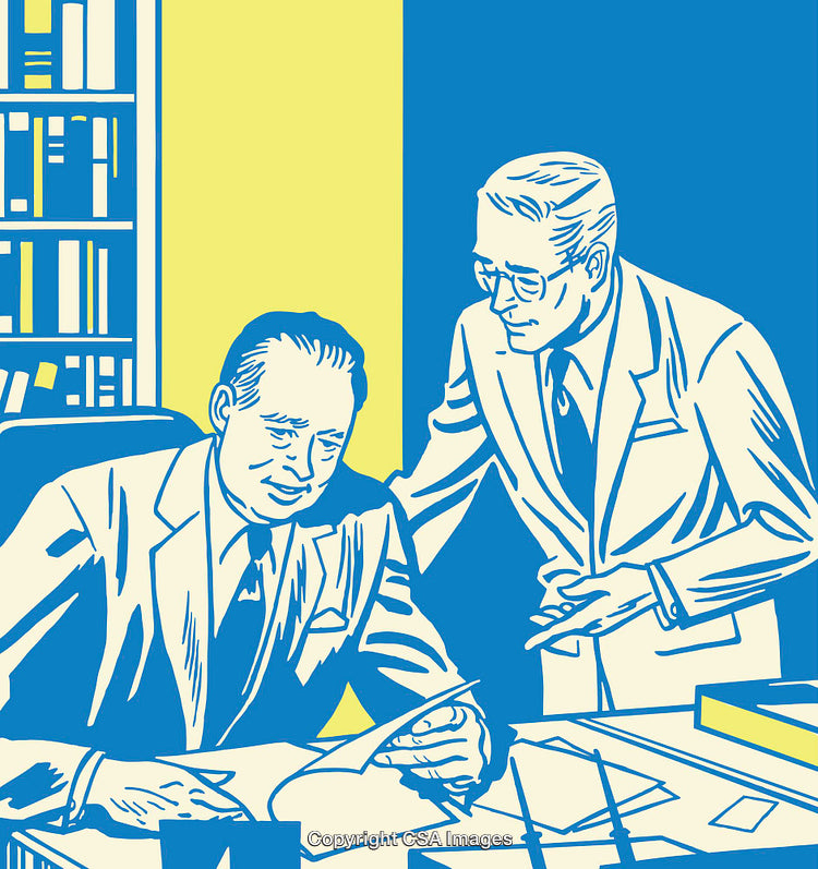 Retro Businessmen Discussing Documents in Vibrant Blue and Yellow Line Art