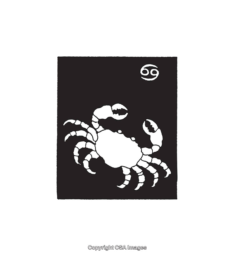 Black and White Line Art Illustration of a Crab and Astrological Symbol
