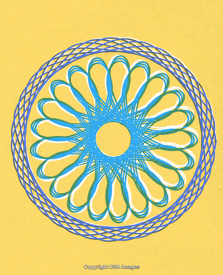 Geometric Spiral Artwork in Blue and Yellow with Intricate Patterns