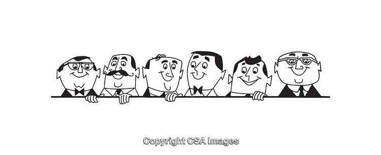 Black and White Line Art of Friendly Cartoon Characters in a Group