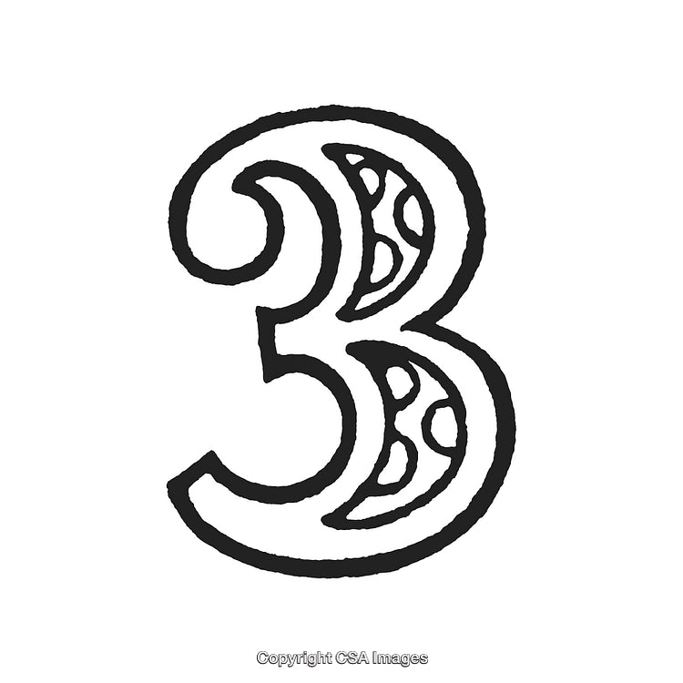 Ornate Number Three Design with Abstract Black and White Patterns
