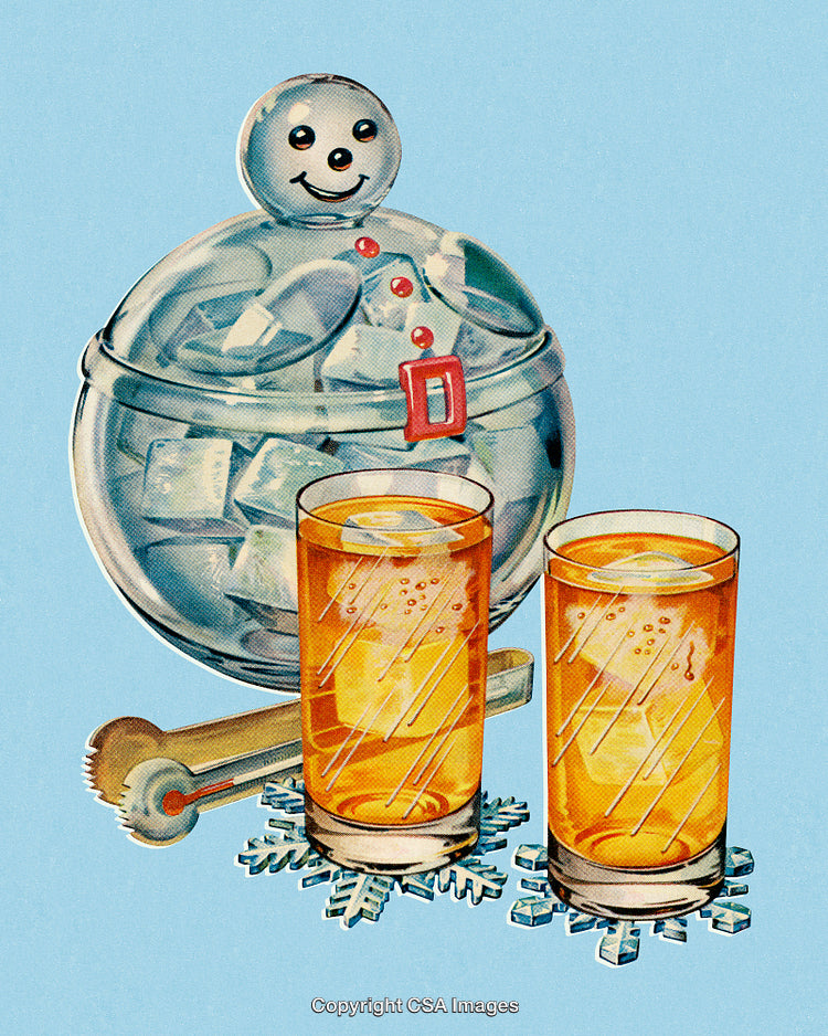 Vintage Illustration of Iced Drinks and Ice Bucket on Blue Background