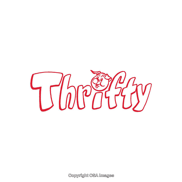 Red Thrifty Text Logo with Smiling Face Symbol on White Background