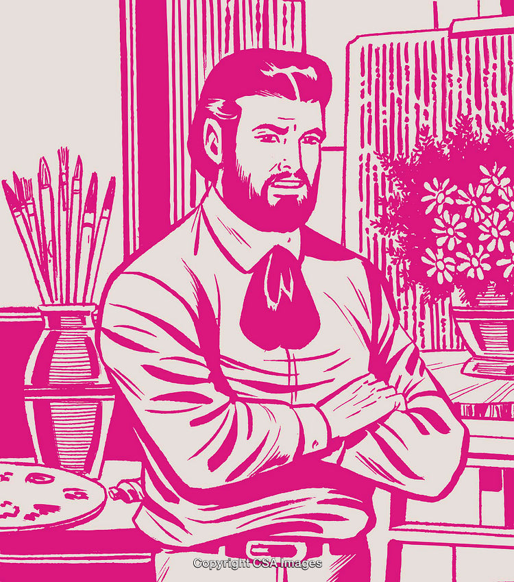 Stylized Illustration of an Artist in a Studio Setting with Art Supplies