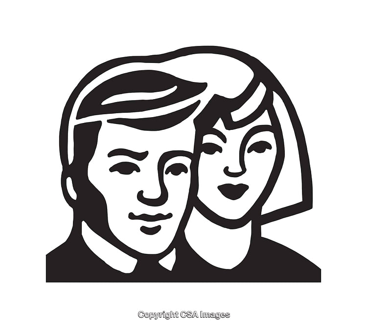 Stylized Black and White Line Art of a Man and Woman