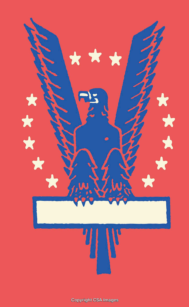 Colorful Patriotic Eagle Illustration with Stars and Stripes on Red Background
