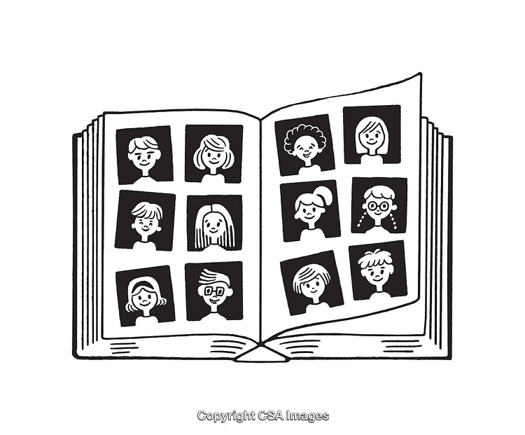 Black and White Illustration of Open Yearbook with Cartoon Portraits