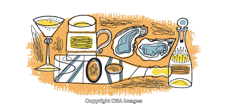 Elegant Illustration Featuring Oysters, Champagne, and Sophisticated Dining Elements