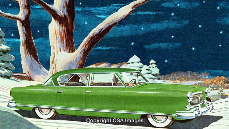 Classic Vintage Car in a Winter Landscape with Snow and Stars
