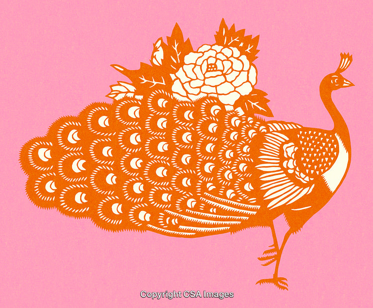 Elegant Orange Papercut of A Peacock with Floral Motif on Pink Background