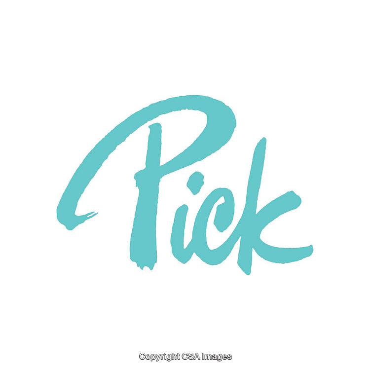 Turquoise Handwritten Word 'Pick' on a White Background