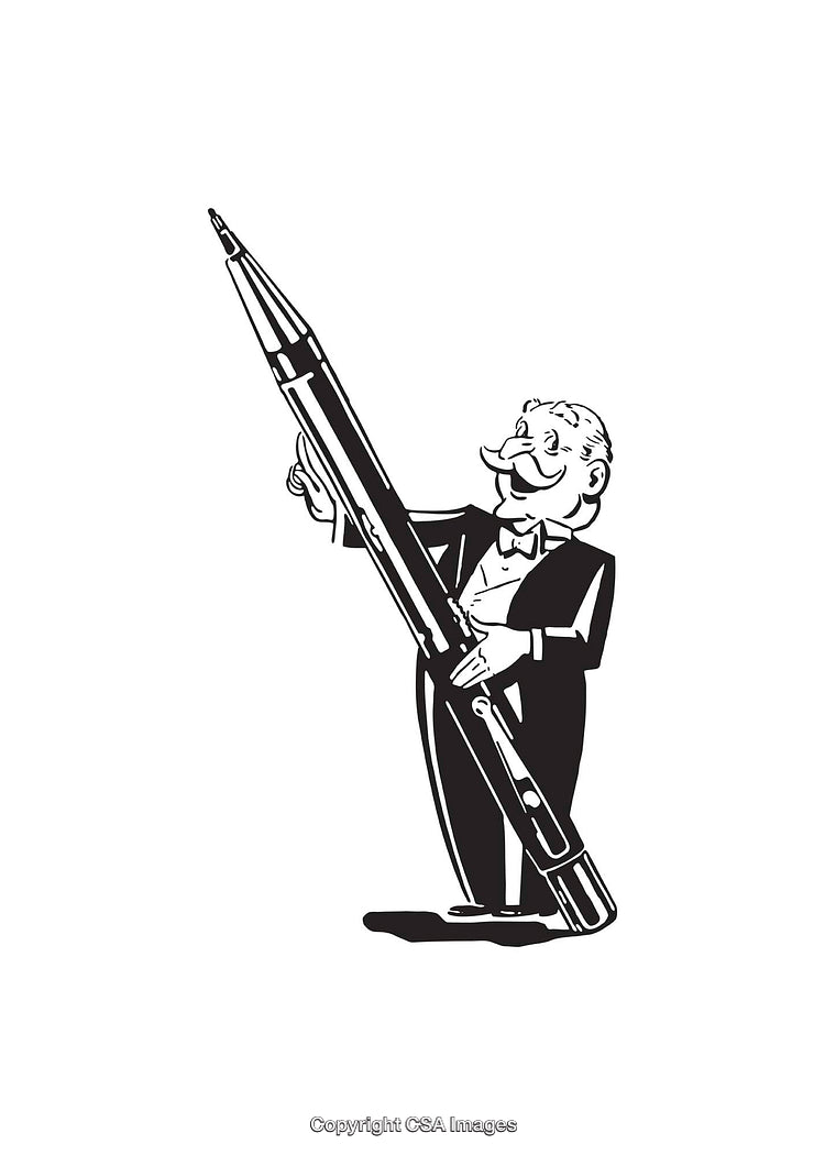 Black and White Illustration of a Character Holding a Giant Pen