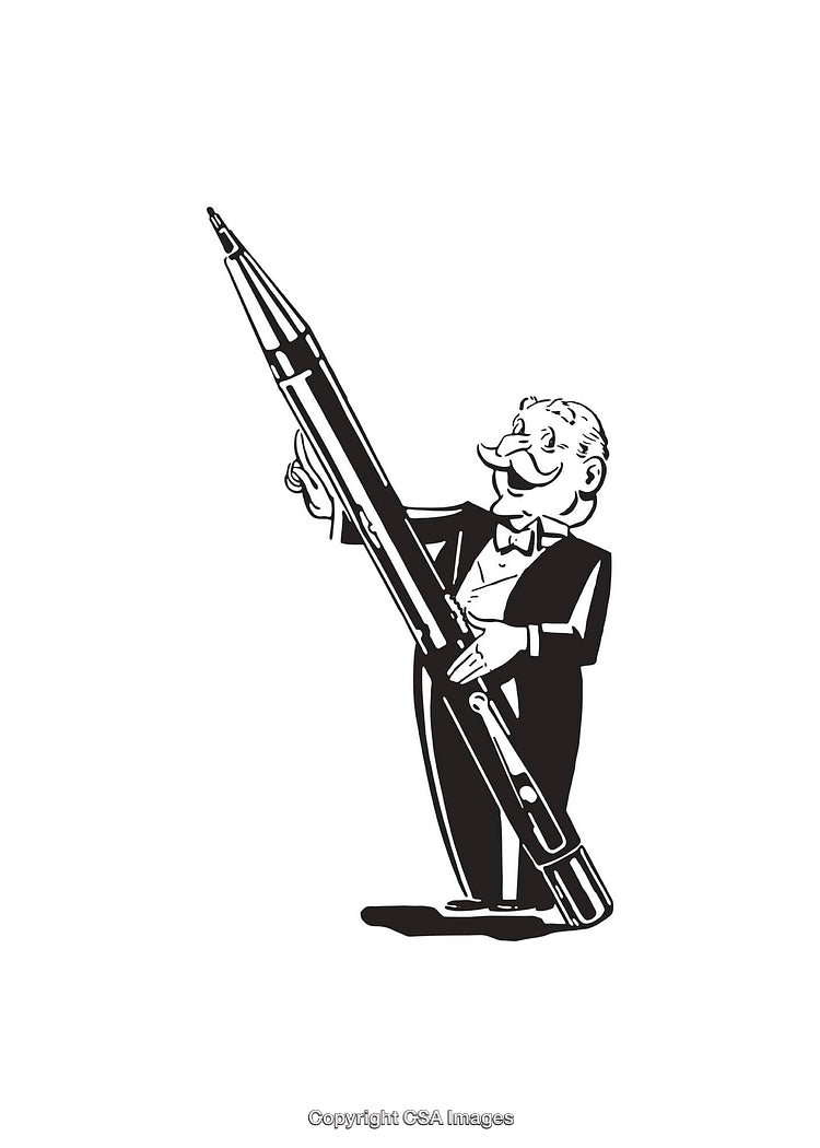 Black and White Illustration of a Character Holding a Giant Pen