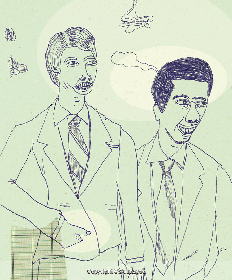 Surreal Hand-Drawn Line Art of Two Men in Suits with Abstract Background