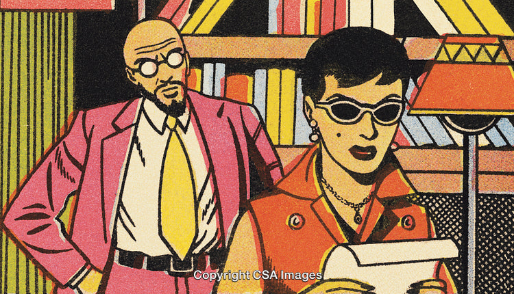 Pop Art Illustration of Two Figures in a Retro Study Setting