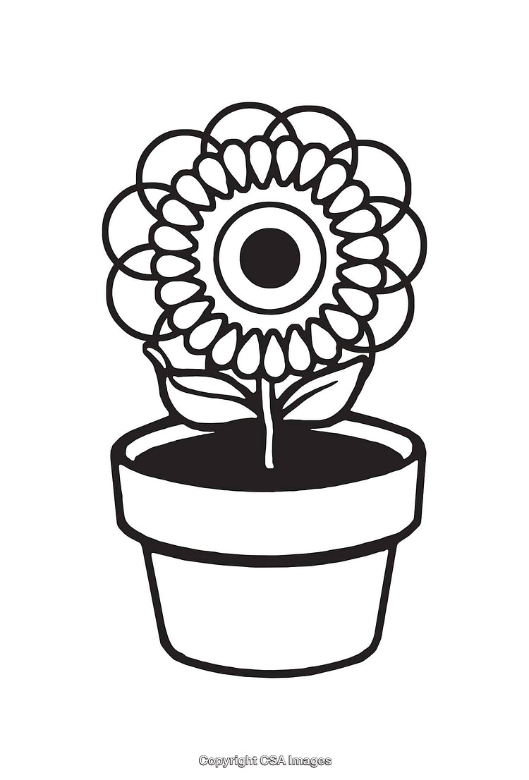 Black and White Line Art Illustration of a Flower in a Pot
