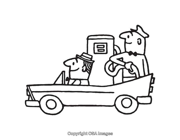 Cartoon Car Illustration With Driver and Passenger at a Gas Station