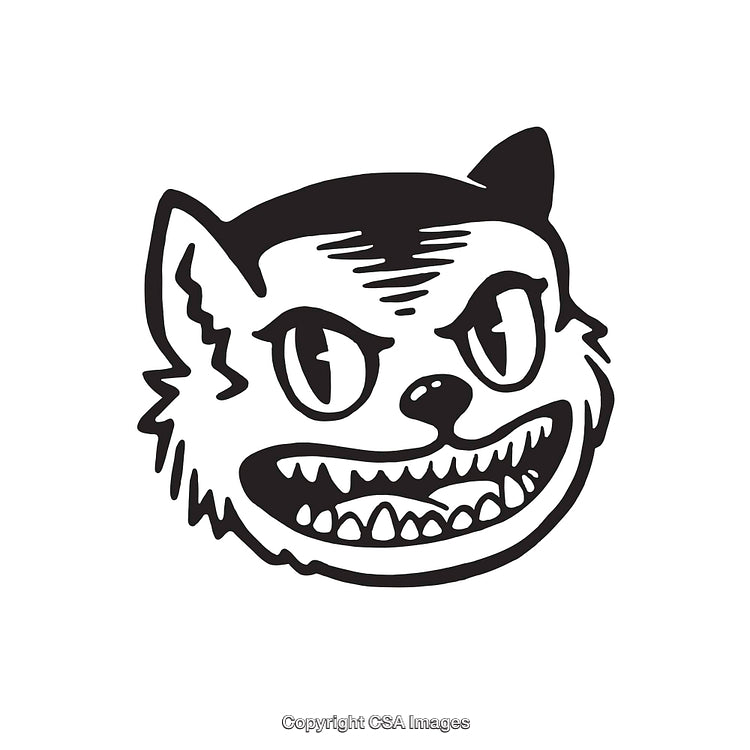 Black and White Graphic of a Fierce Smiling Cat Face Line Illustration