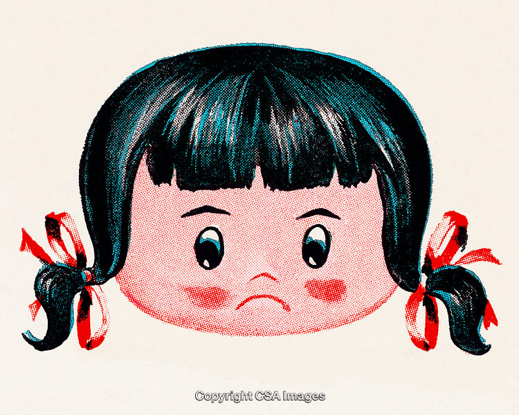 Sad Cartoon Girl with Cute Pigtails and Bright Ribbons